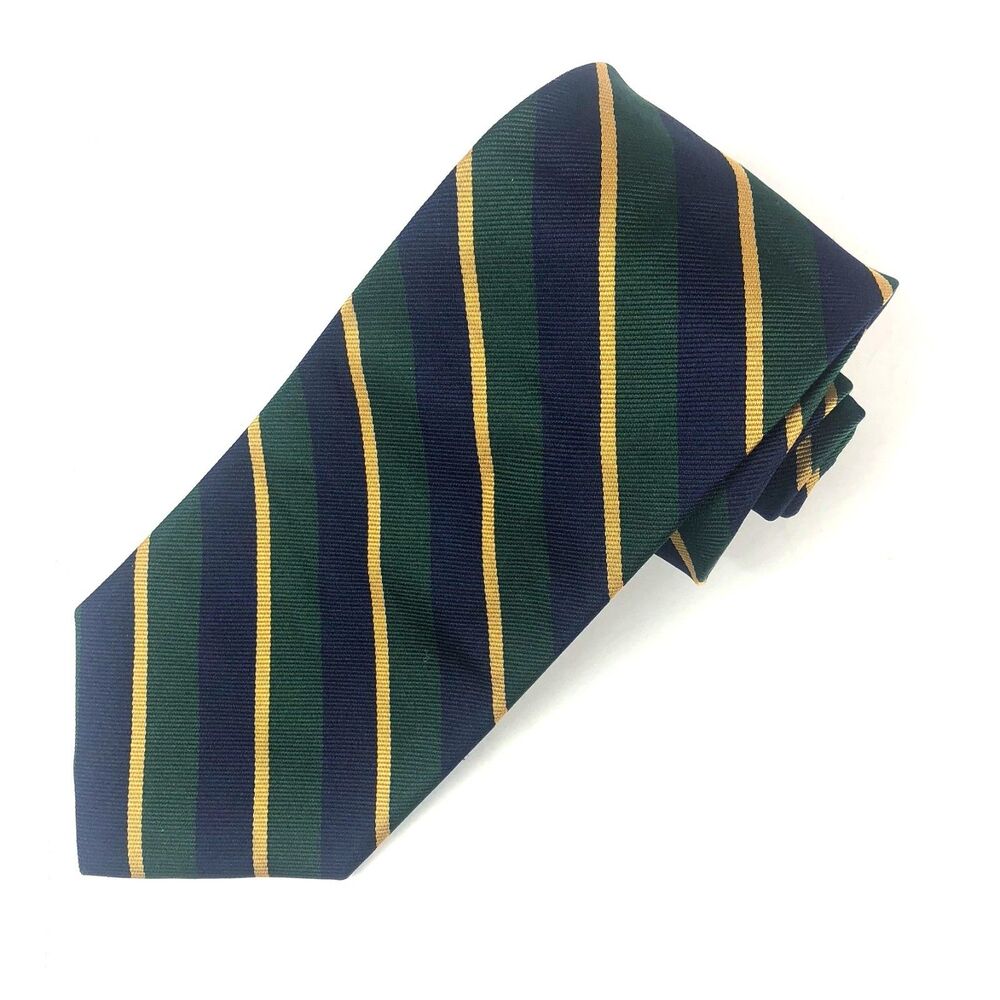 Vintage Huntington Stripe Tie Pure Silk Navy Blue Green Gold Made in USA Rep Tie